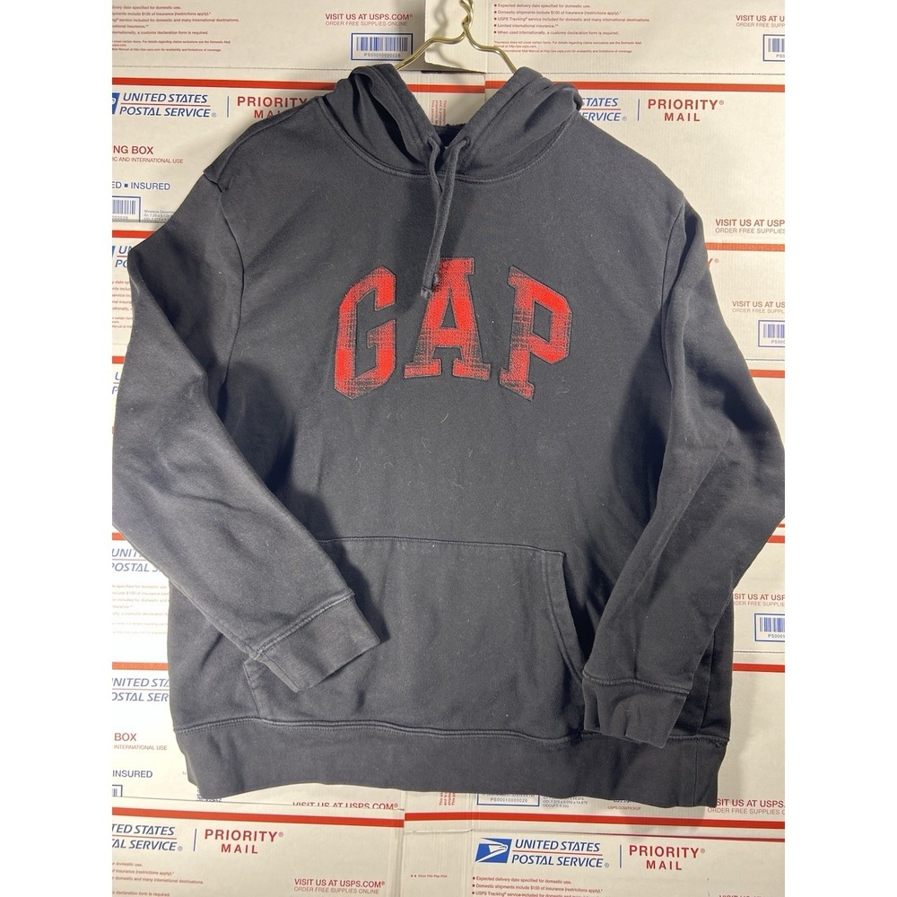 GAP XL Black Long‎ Sleeve Plaid Spell Out Embroidered Pullover Hoodie